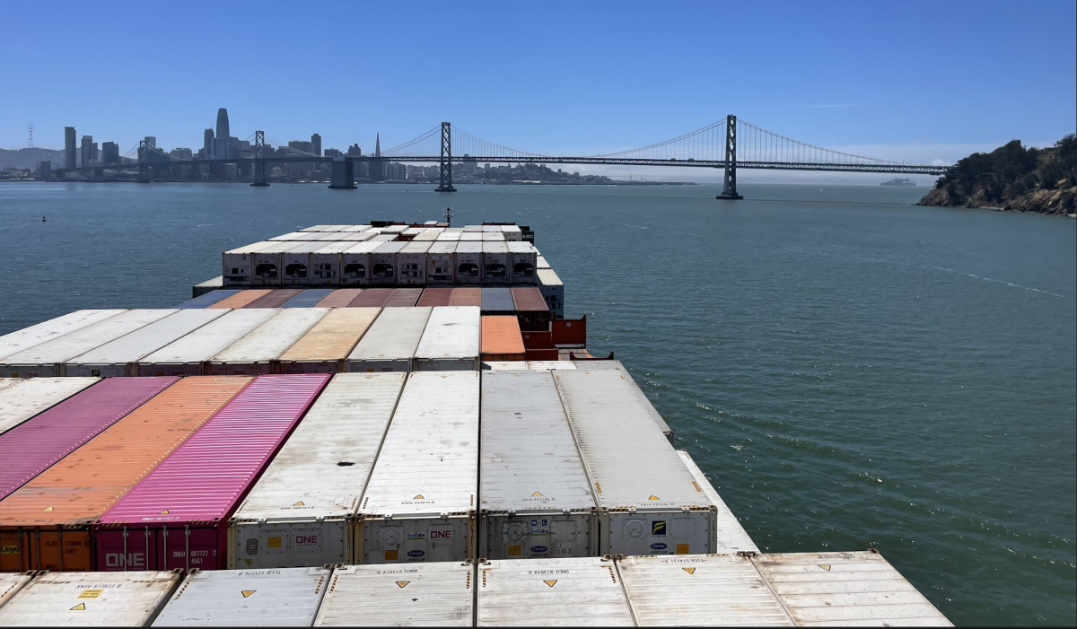 International cargo ship leaves the Oakland Seaport, a major port for the entry of foreign goods into the US.